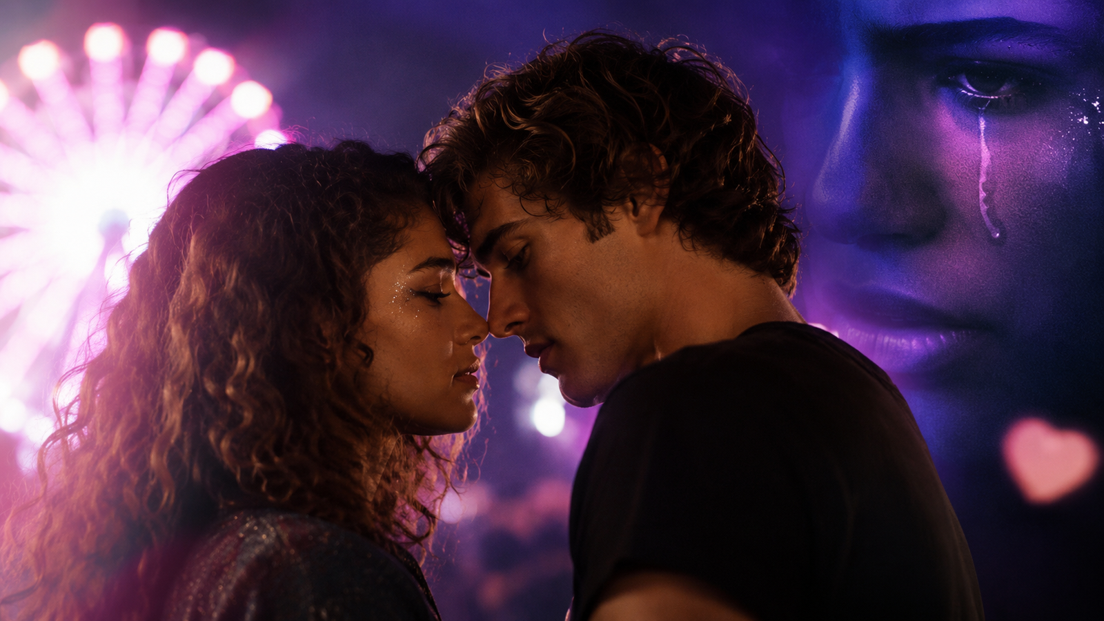 Romantic cinematic scene of a young couple sharing an emotional close moment at a neon-lit carnival at night, with colorful purple and pink lights, a glowing ferris wheel in the background, and a dramatic tearful face overlay creating a mysterious and emotional atmosphere.